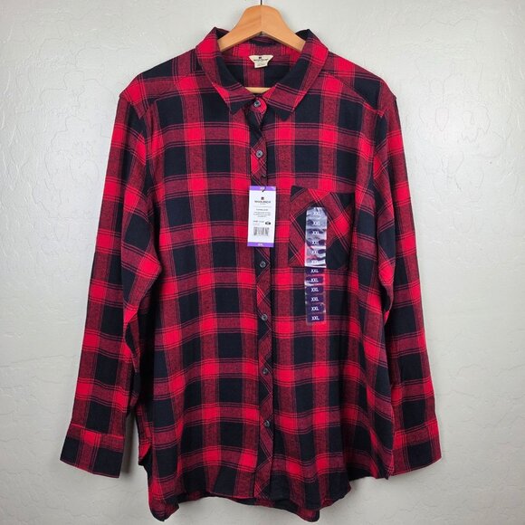 Woolrich Plaid Flannel Shirt Red/Black Women XXL Brushed Cotton High-Low Hem NEW - Picture 1 of 11